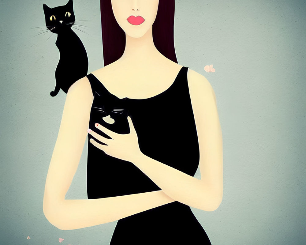 Illustrated woman in black dress with black cat and pink butterflies on teal background