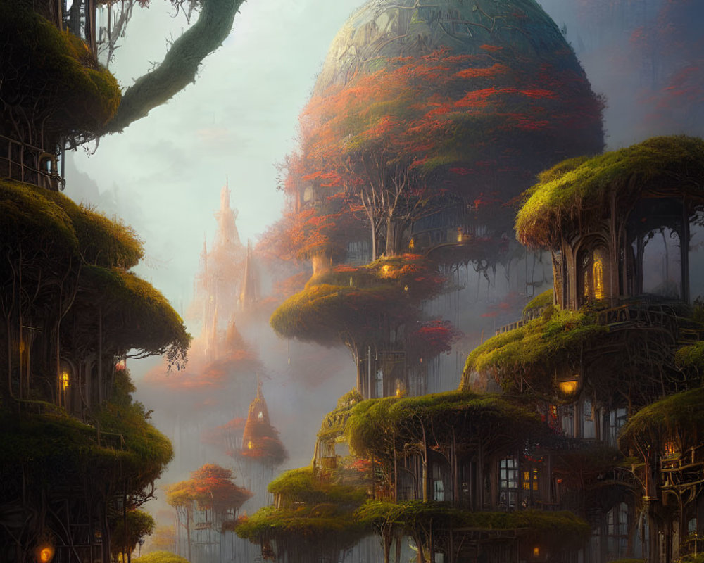 Mystical forest with domed-tree houses in golden light