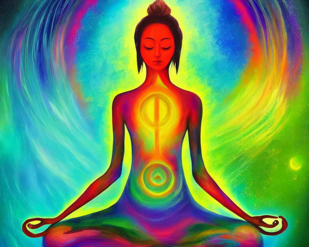 Colorful illustration of person in lotus position with aligned chakras in cosmic setting