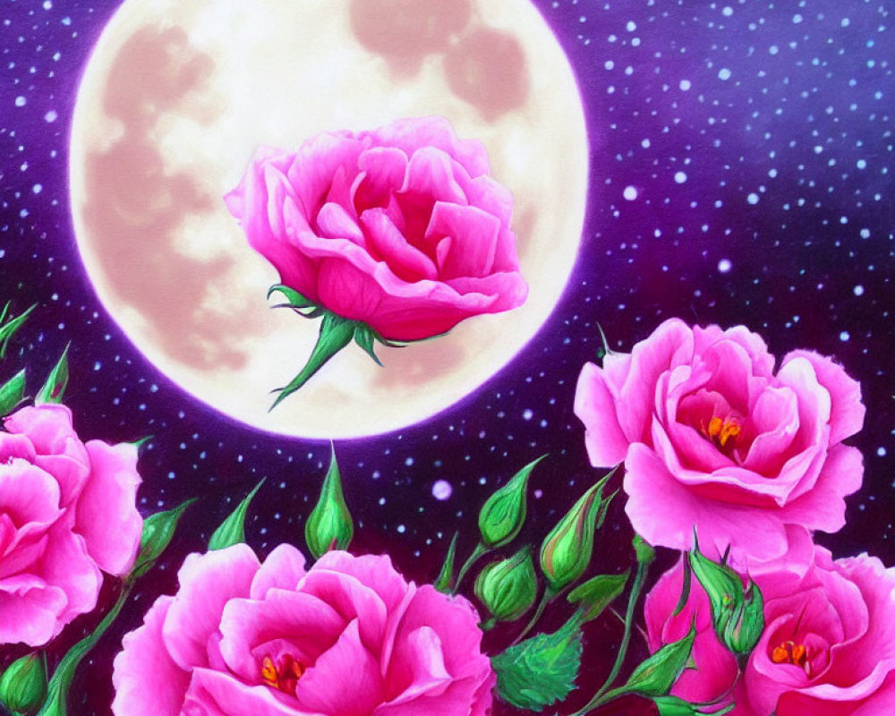 Pink roses blooming under full moon and starry sky