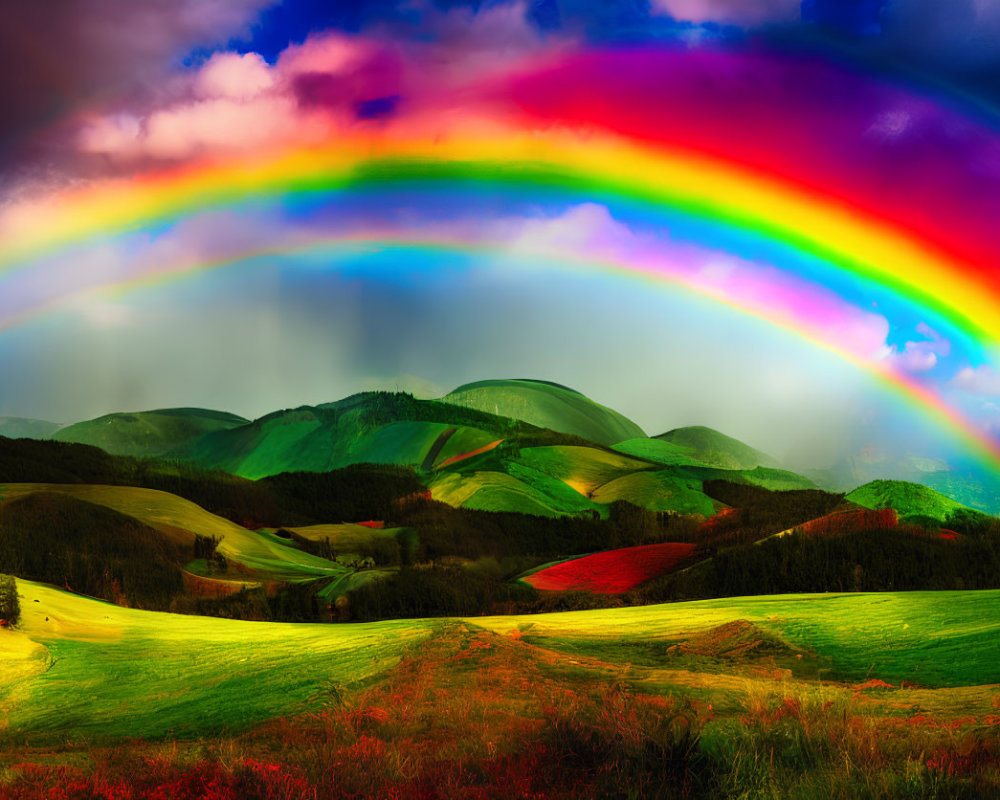 Vivid rainbow over green hills and red flowers under dramatic sky