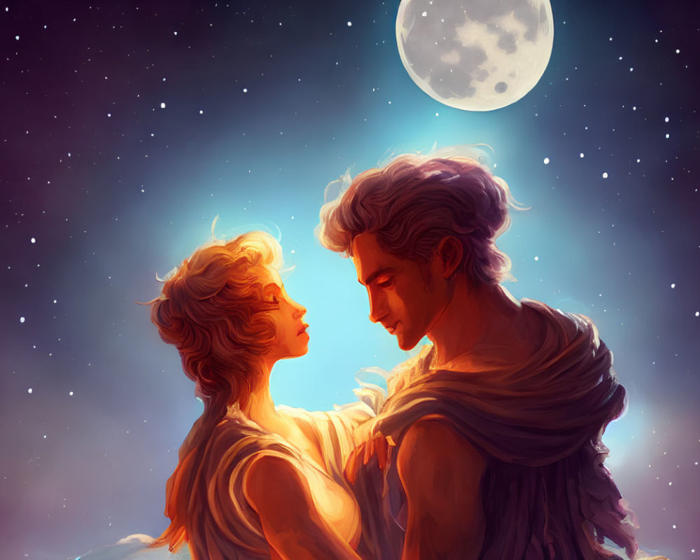 Romantic couple under starry night sky with full moon