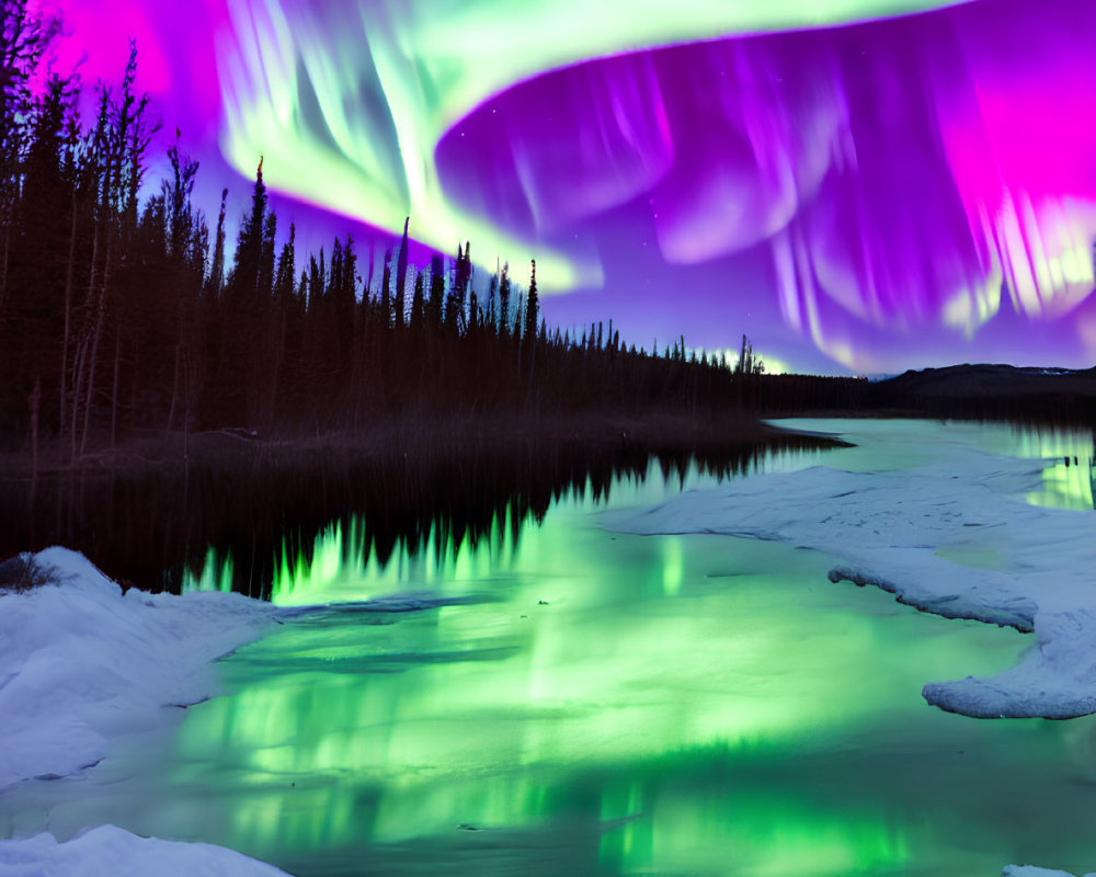 Stunning purple and green aurora borealis above frozen river and snowy forest