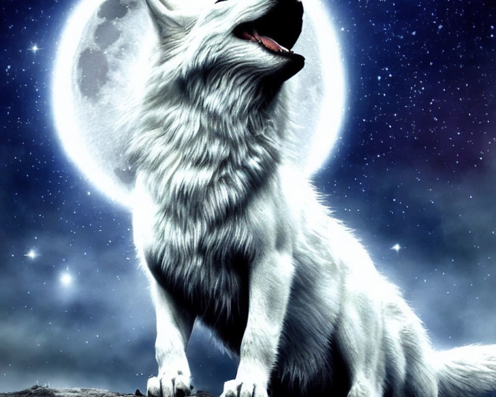 White wolf howling at full moon in starry night sky