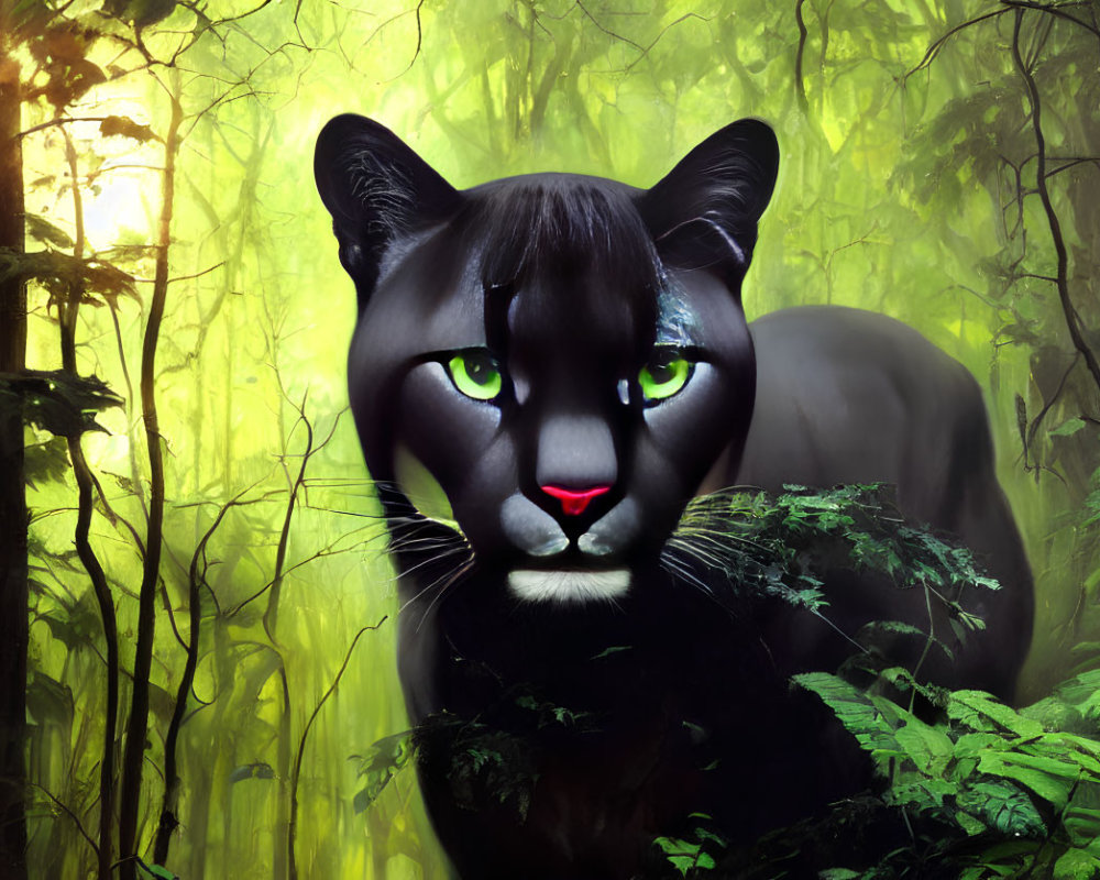 Stylized image of large black panther in misty forest