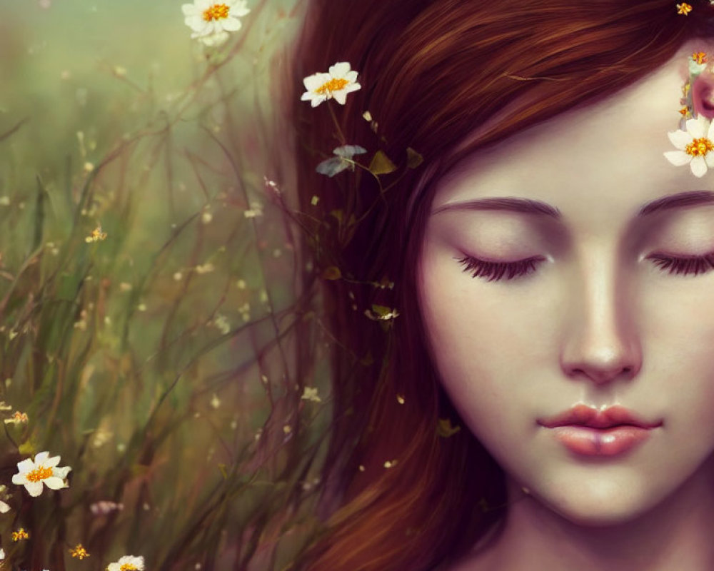 Woman with closed eyes in daisy field with auburn hair.