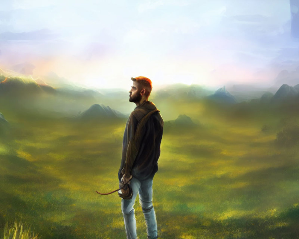 Bearded man with sword gazing at sunrise over mountains