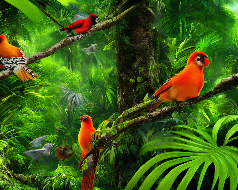 Colorful Birds in Red and Orange Plumage in Lush Tropical Forest
