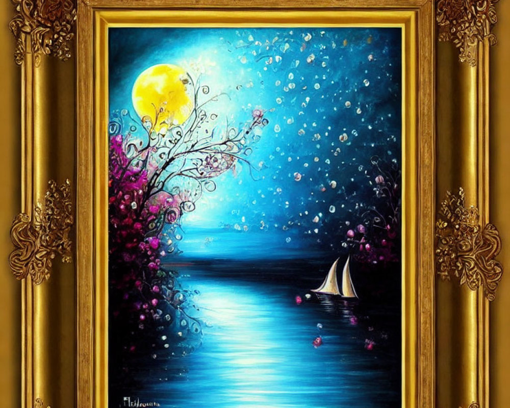 Framed Painting: Moonlit Night, Sailing Boat, Cherry Blossoms