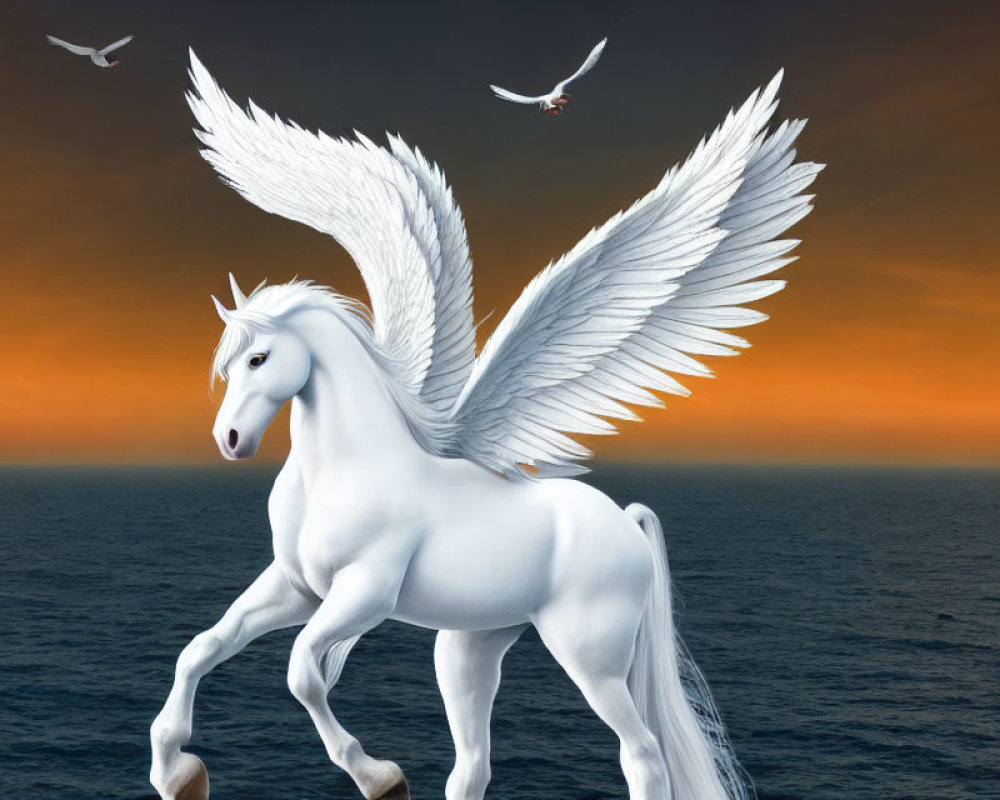 White Pegasus with Feathered Wings in Sunset Sky