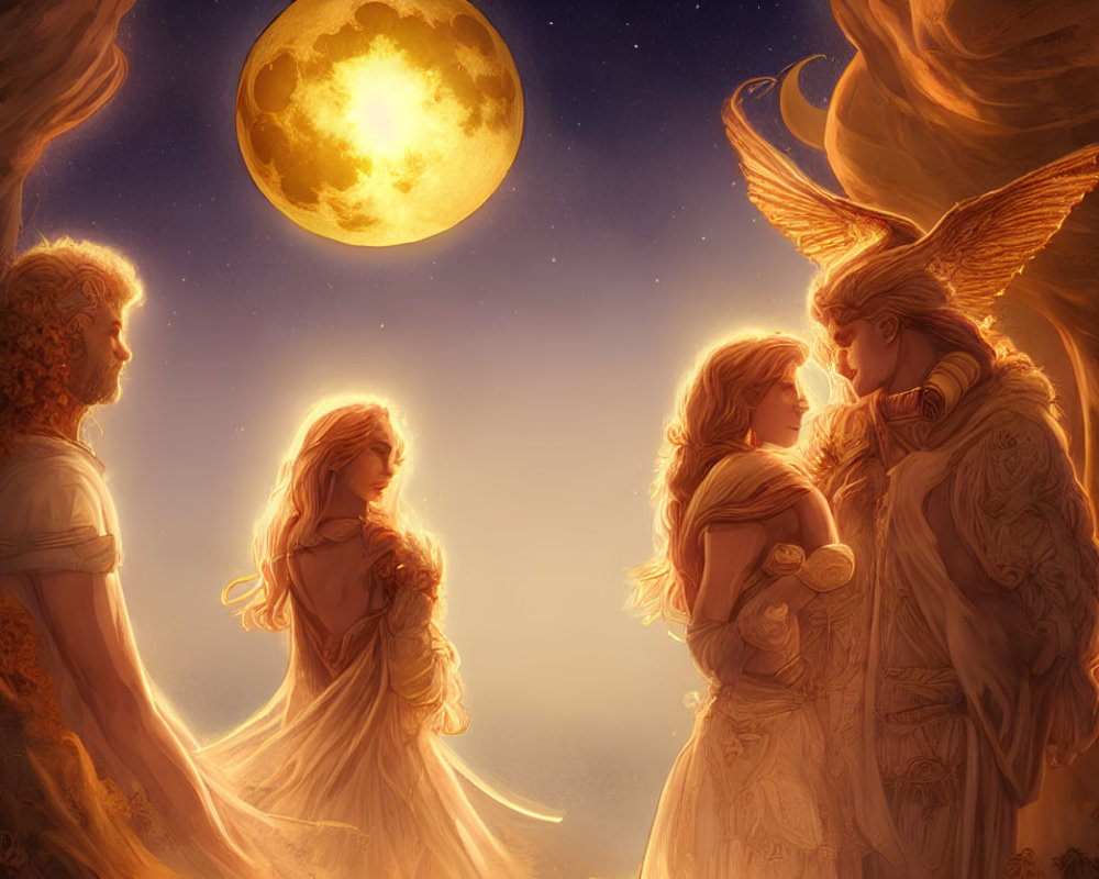 Ethereal art: Two couples in moonlit fantasy setting