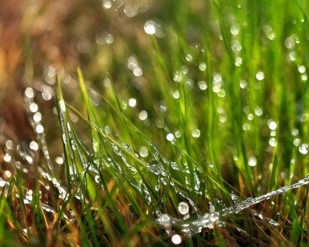 Dew-covered grass glistening in sunlight with bokeh effect