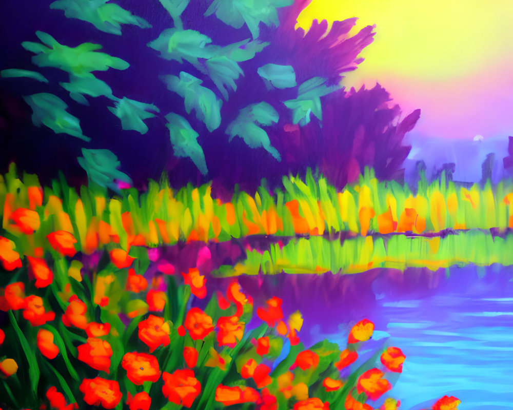 Impressionistic riverside painting with colorful tulips and lush greenery