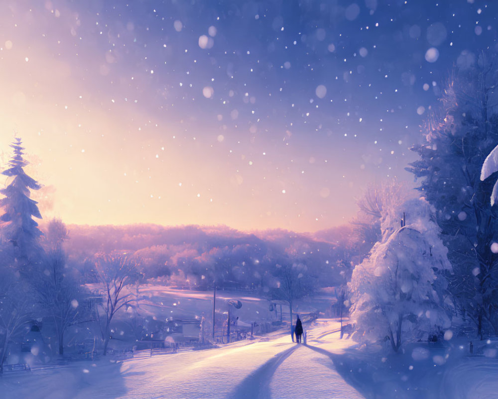 Snow-covered trees and gentle sunset in serene winter scene
