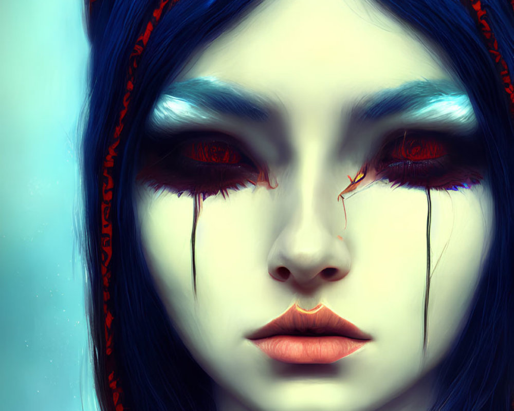 Blue-skinned person with black hair, orange and blue headband, red tears, tribal necklace