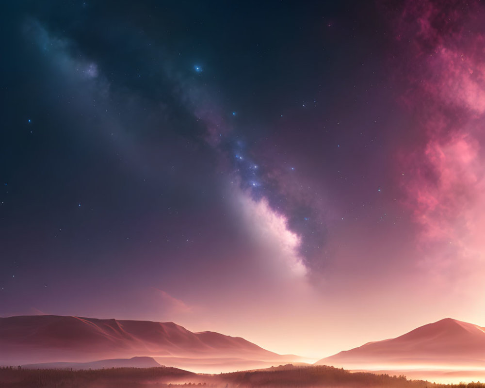 Twilight vista with star-studded sky over misty hills.