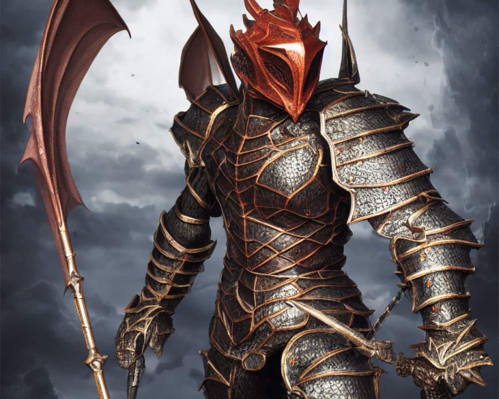 Detailed Black and Red Armored Dragon Warrior with Spear under Stormy Sky