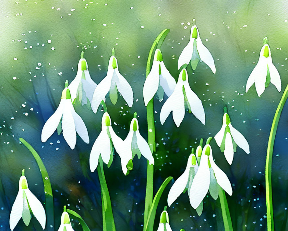 White snowdrop flowers with droplets on green and blue rainy day background