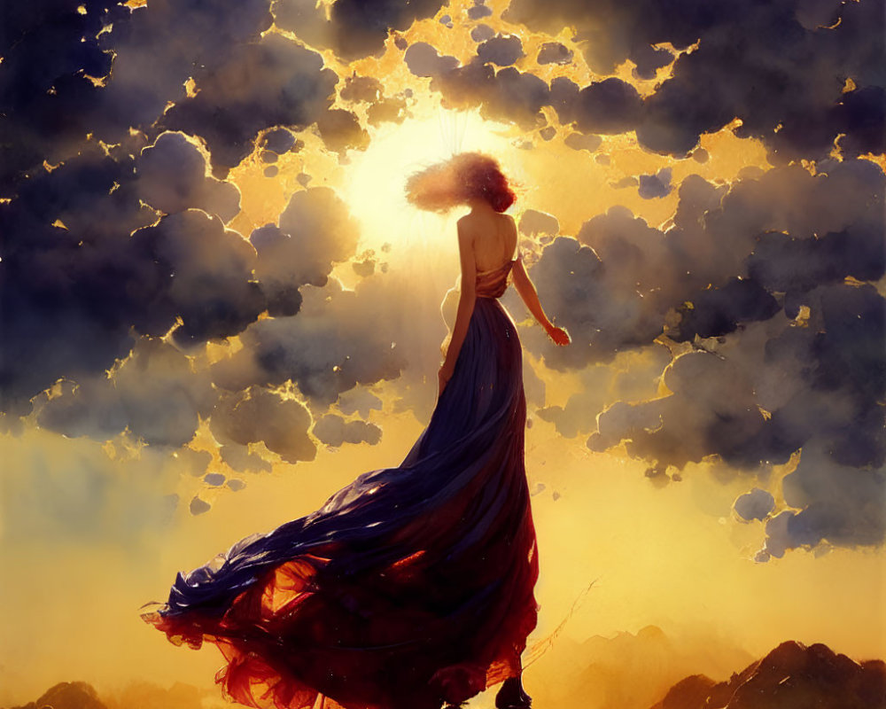 Figure in red dress on mountain with sun halo & clouds.