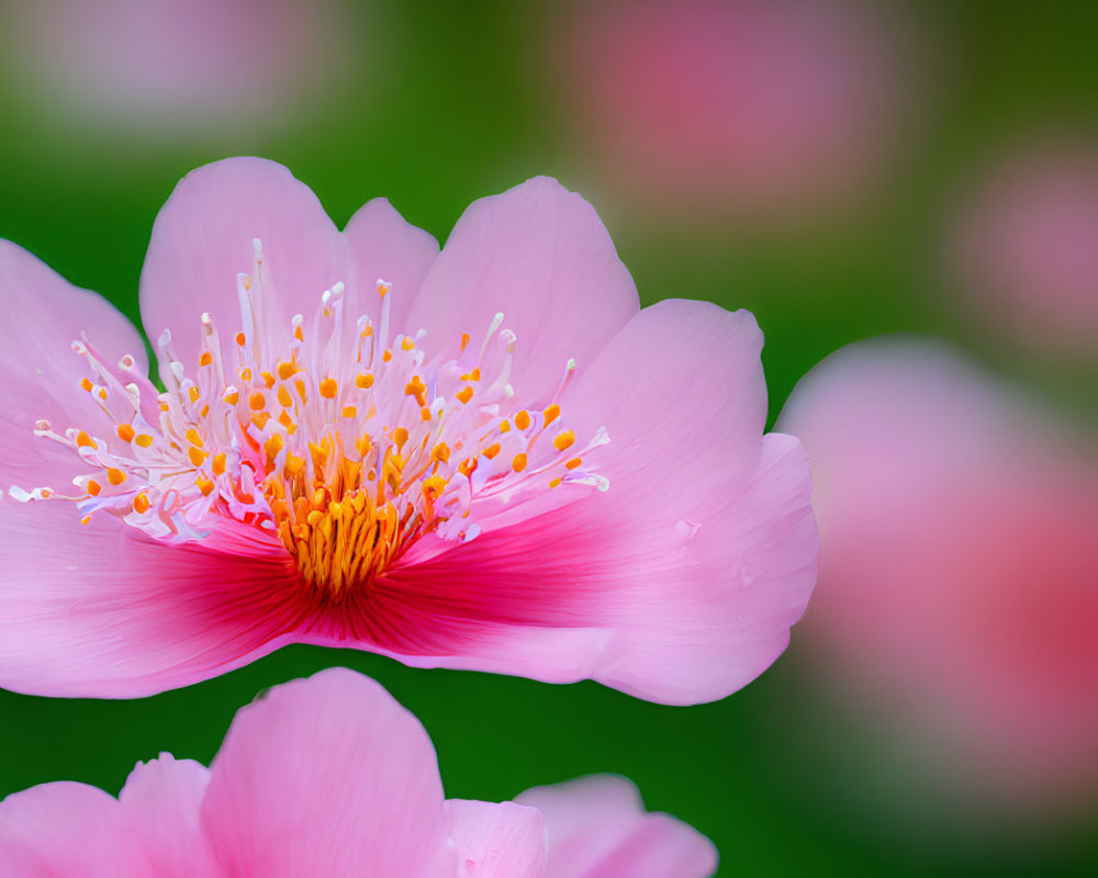 Bright pink flower with yellow stamens on green backdrop