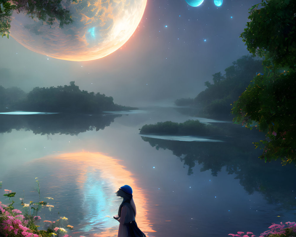 Person admires fantastical planet and two moons over calm lake at twilight