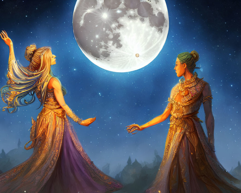 Ethereal women in flowing gowns under large moon