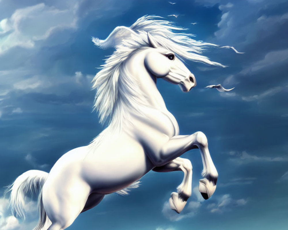 Majestic white horse rearing against dramatic sky