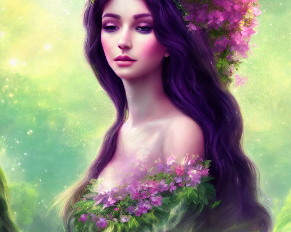 Mystical woman with purple hair and flower crown on green background
