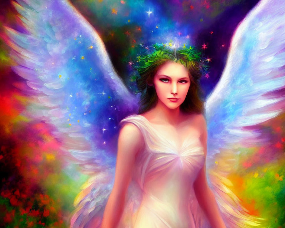 Colorful illustration of woman with angelic wings and wreath in cosmic setting