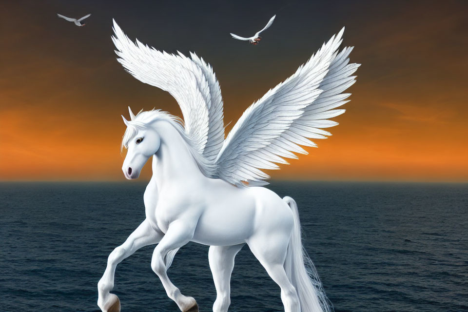 White Pegasus with Feathered Wings in Sunset Sky