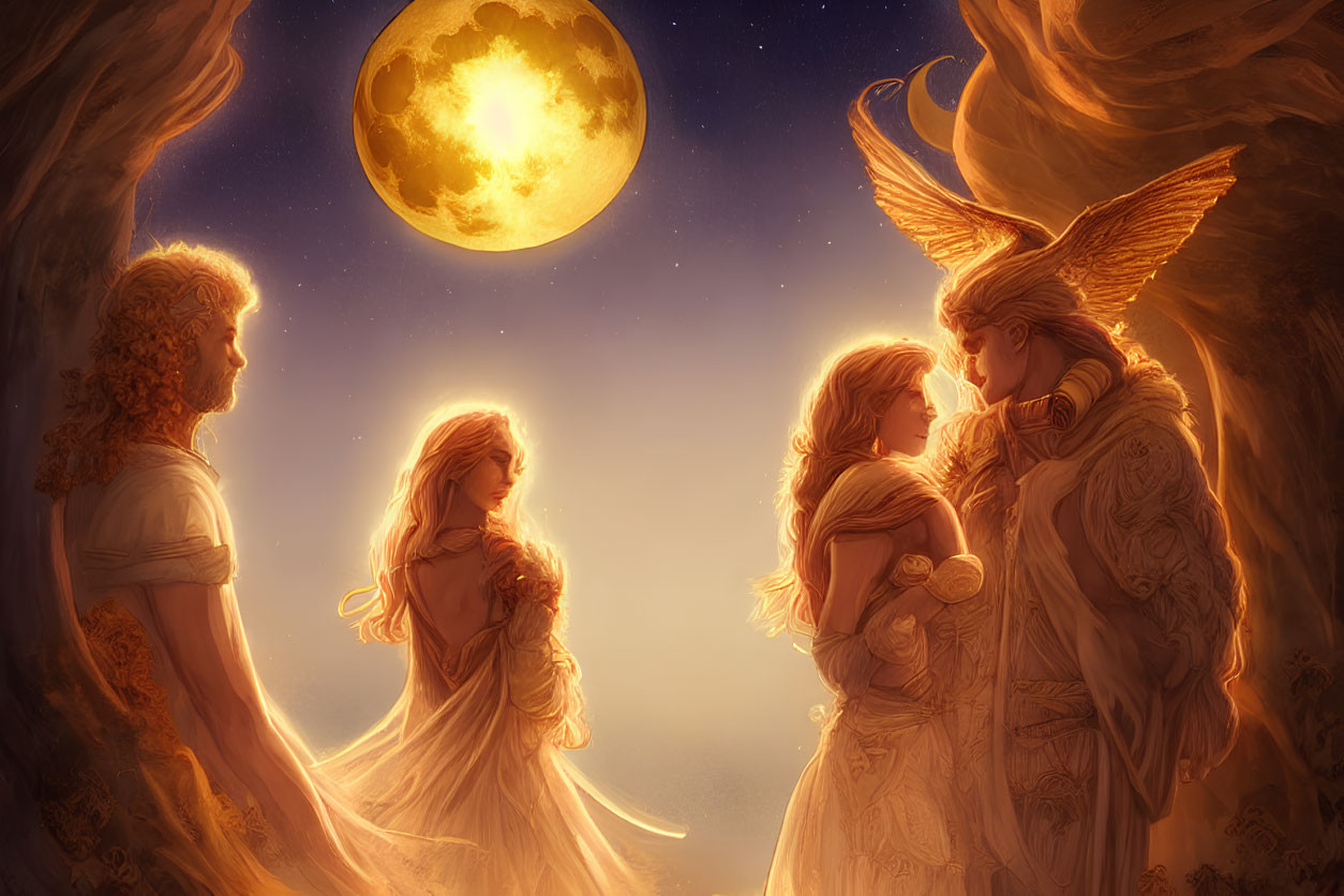 Ethereal art: Two couples in moonlit fantasy setting