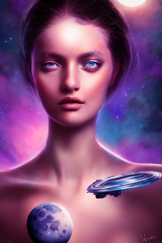Surreal portrait of a woman with blue eyes in cosmic scene
