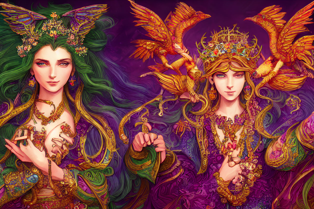 Stylized fantasy women with bird-themed headpieces on purple background
