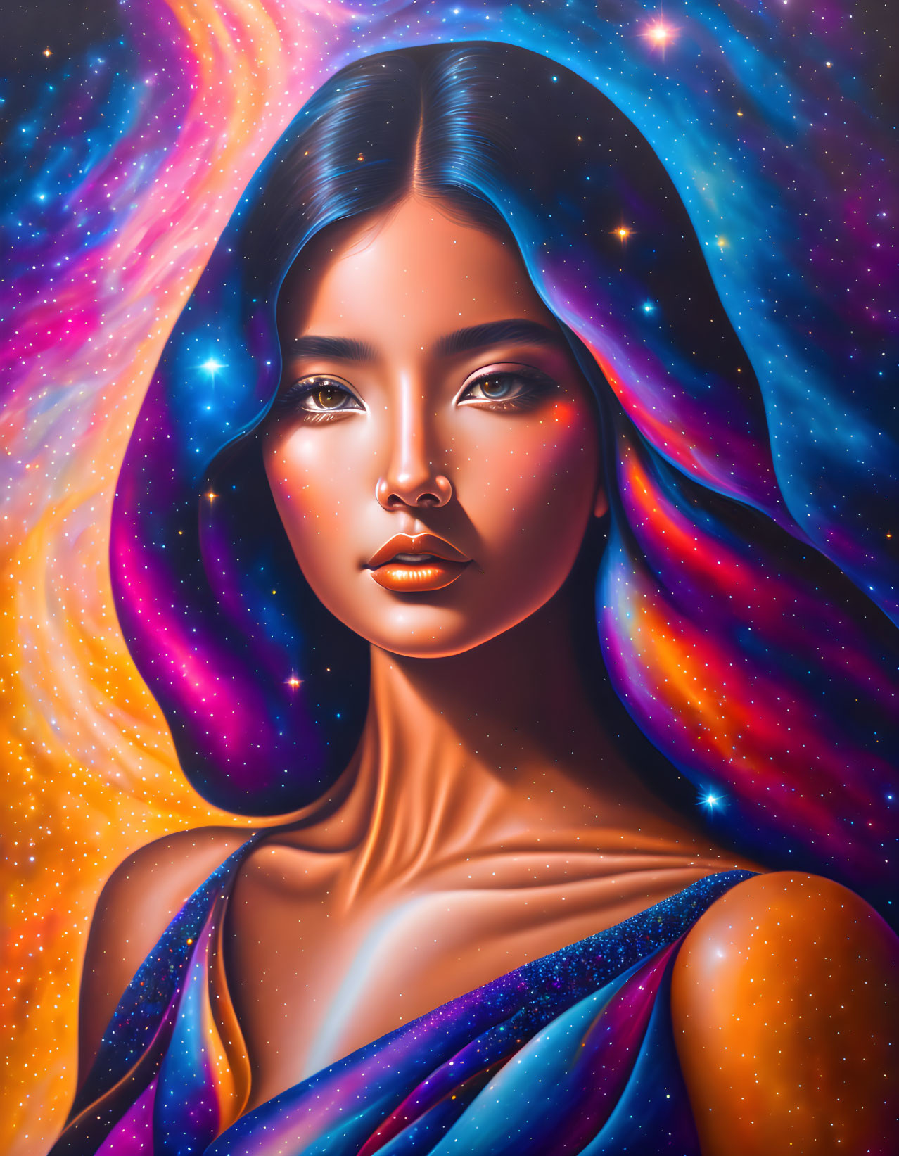 Cosmic-themed digital portrait of a woman with vibrant colors
