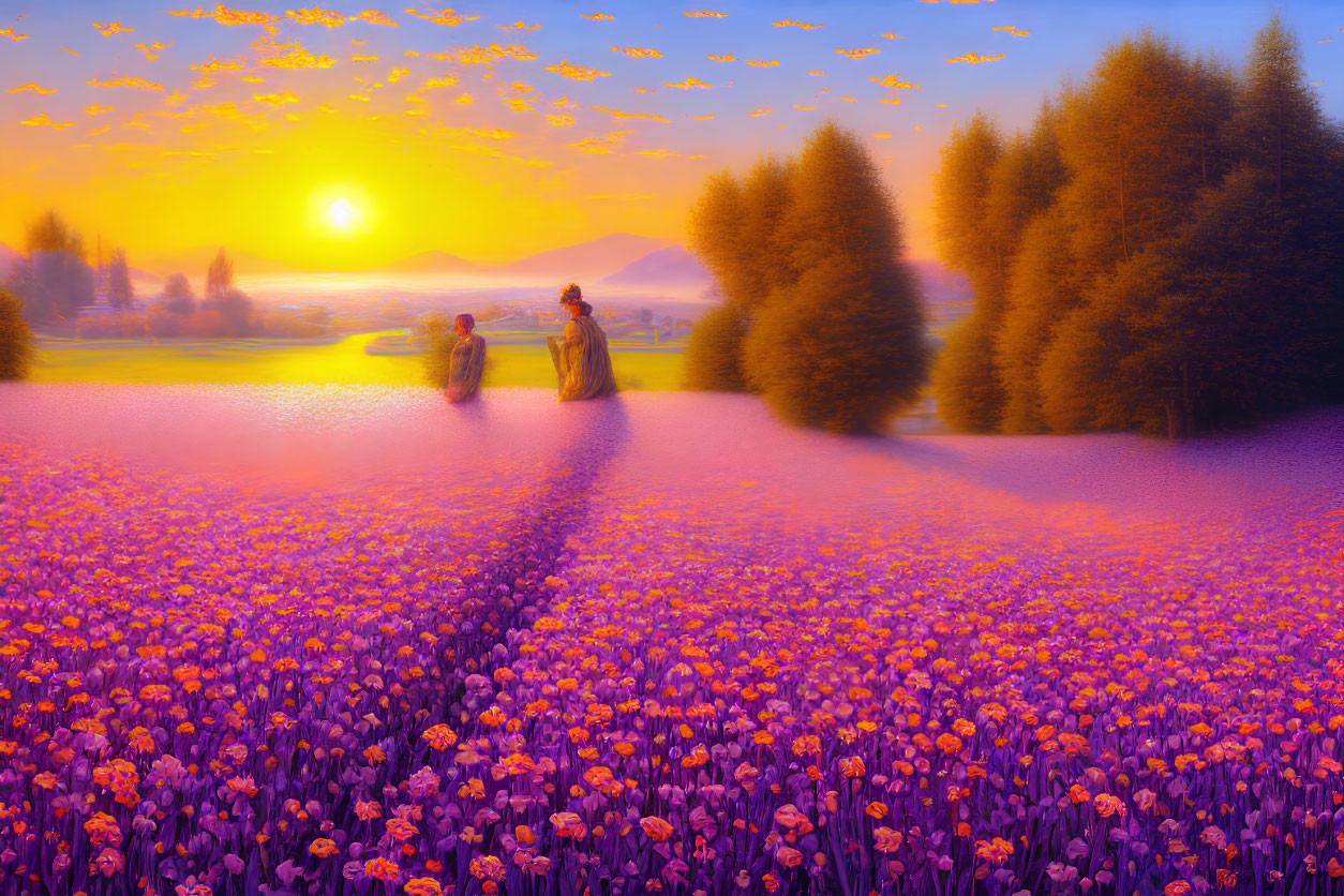 Scenic sunset landscape with people walking in purple flower field by reflective water and orange sky with birds.