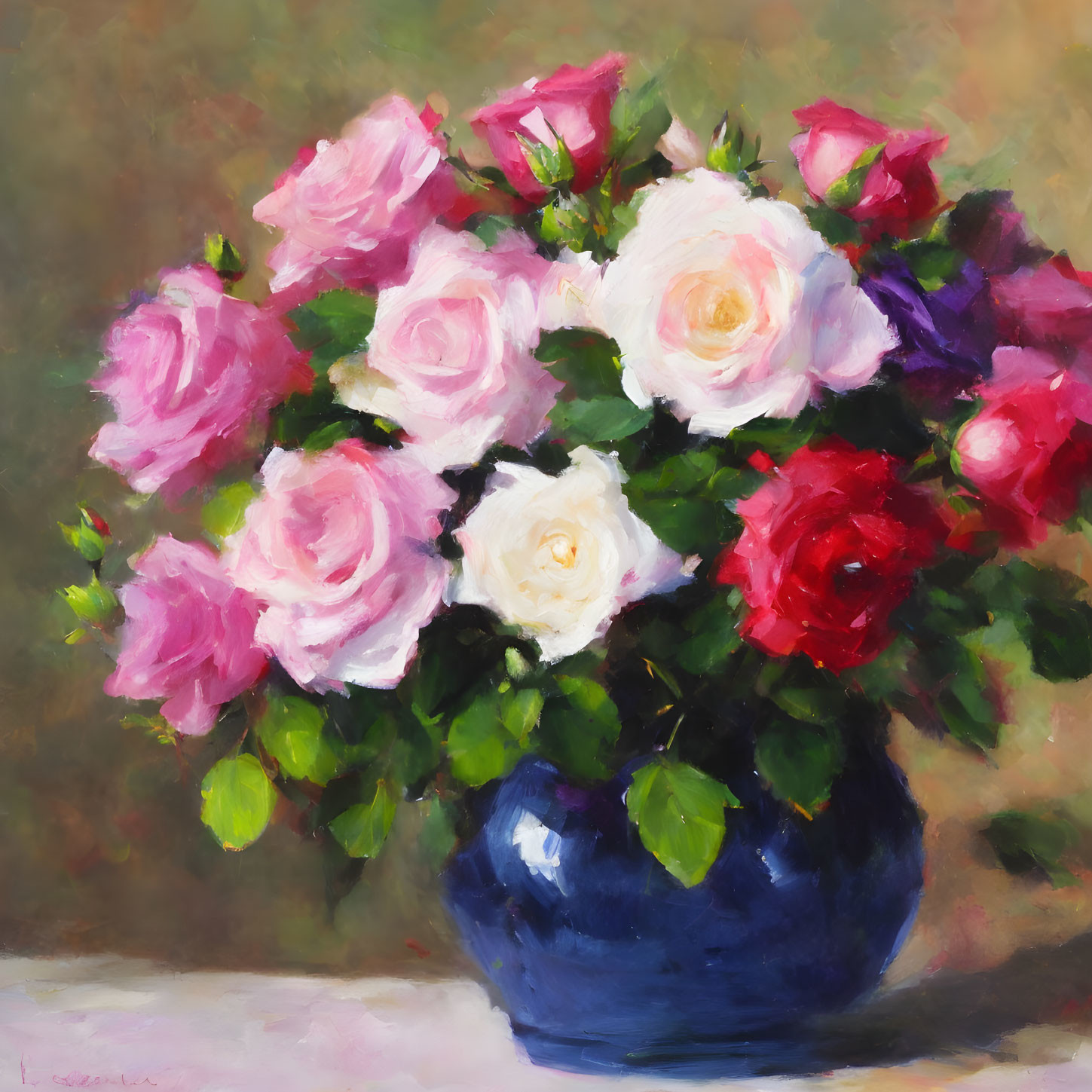 Colorful Rose Bouquet in Blue Vase: Vibrant Oil Painting