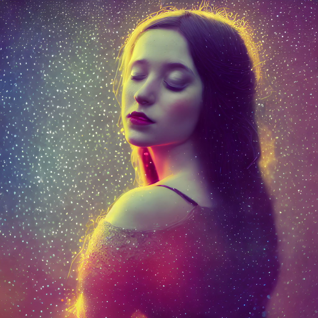 Serene young woman illuminated by dreamy multicolored glow