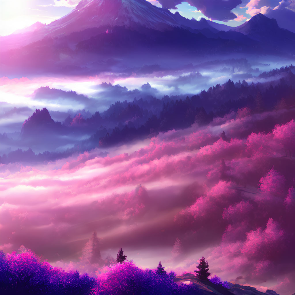 Majestic mountain landscape with mist and colorful twilight sky