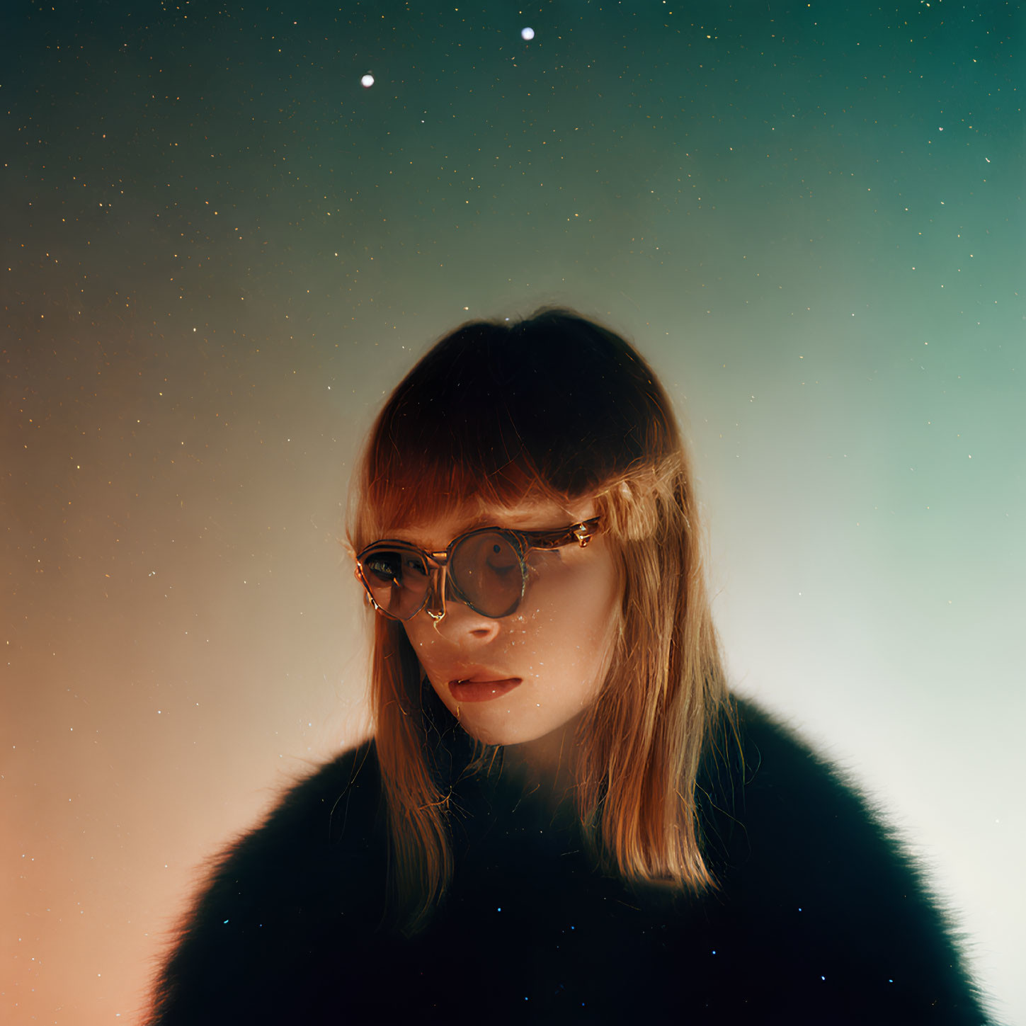 Woman with Bangs and Glasses in Ethereal Night Sky Setting