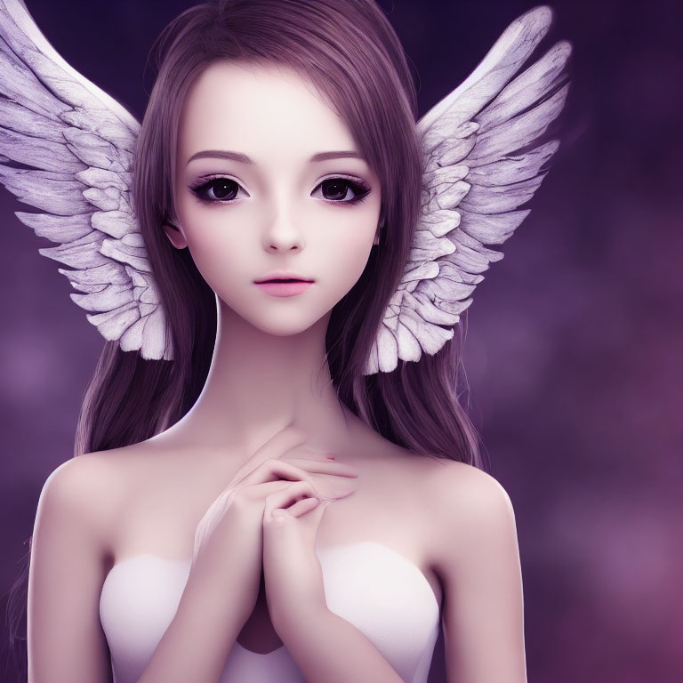 Digital artwork of young female with white wings on purple backdrop