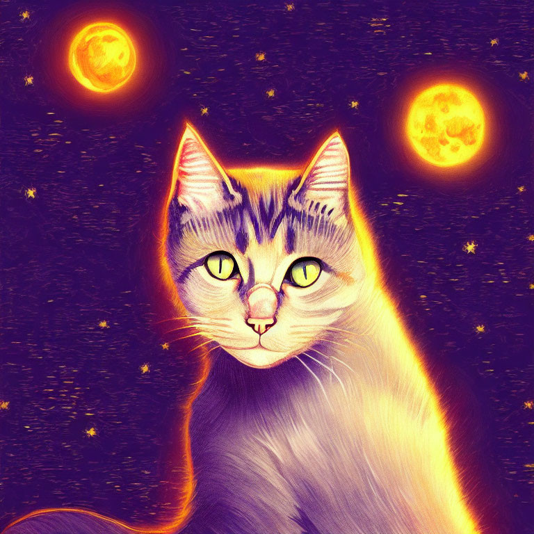 Galactic cat art with twin moons, stars, purple, orange, yellow palette
