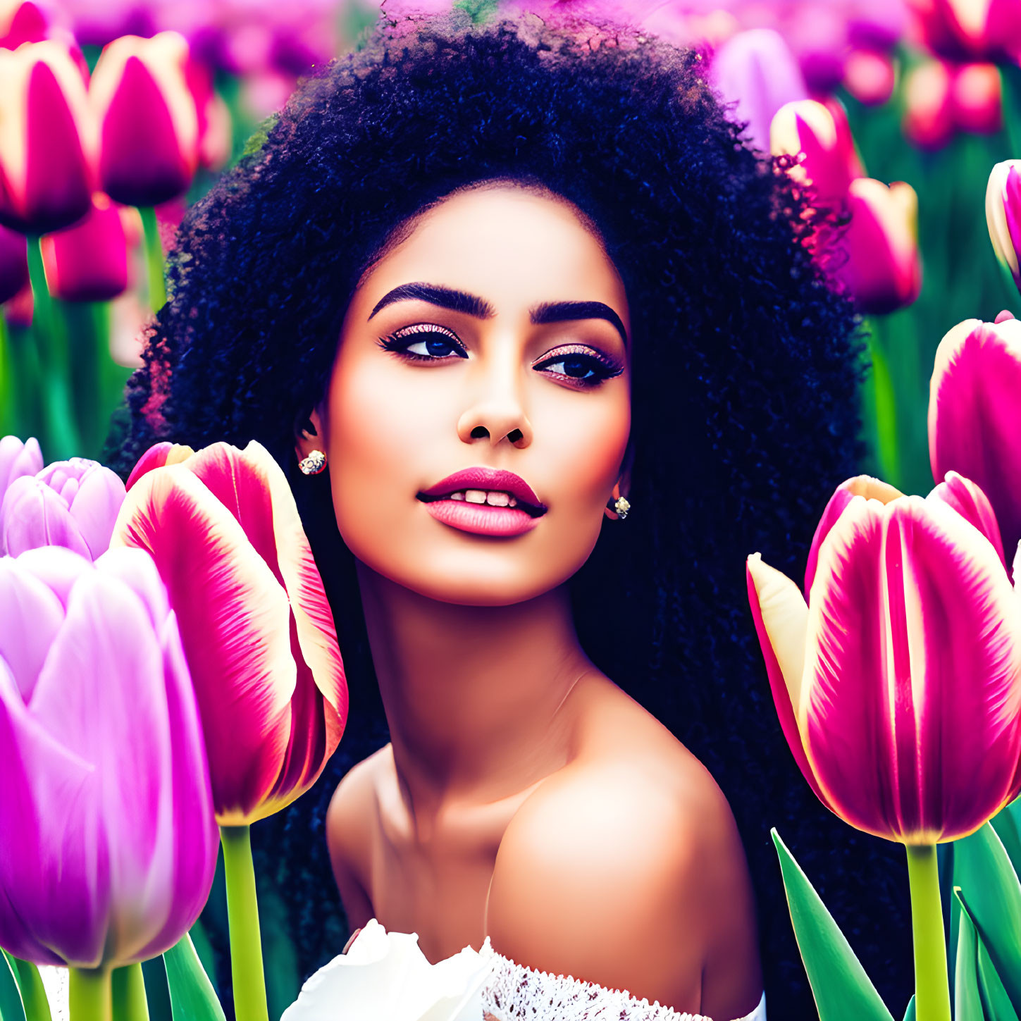 Curly-Haired Woman Surrounded by Vibrant Tulips in Elegant Pose