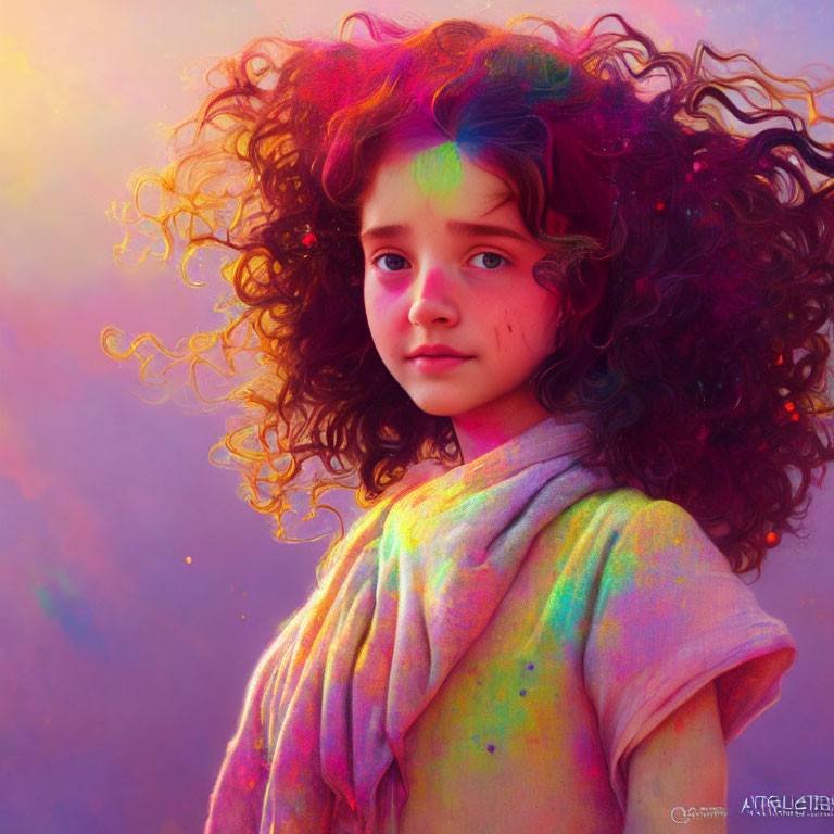 Curly-Haired Young Girl in Colorful Lights