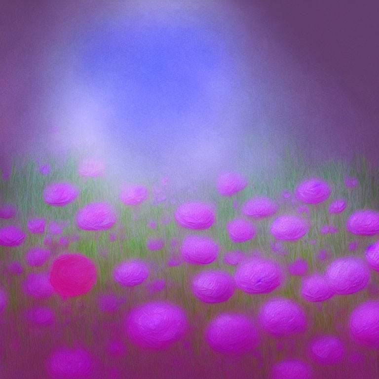 Blurred abstract field with purple and pink flower shapes on purple-blue background