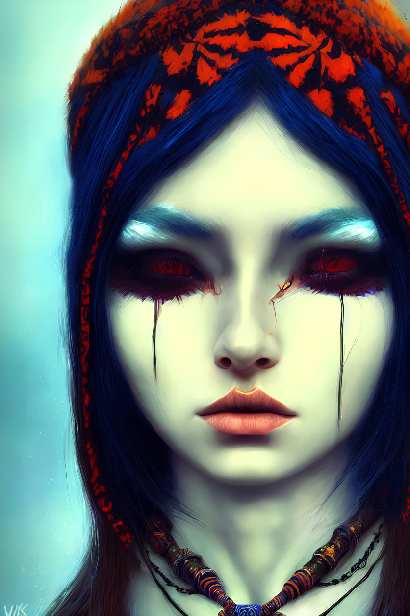 Blue-skinned person with black hair, orange and blue headband, red tears, tribal necklace