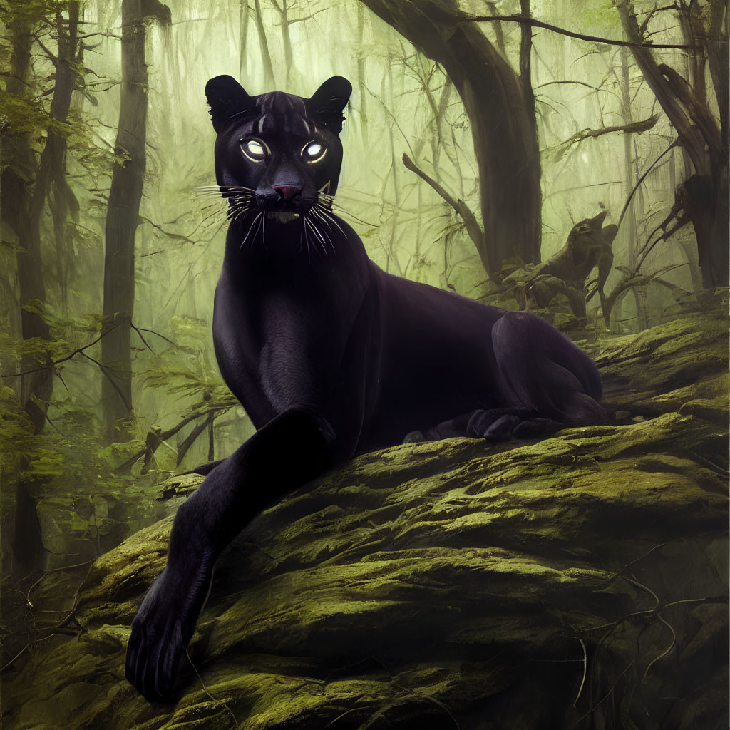 Black Panther Resting on Mossy Rock in Misty Forest