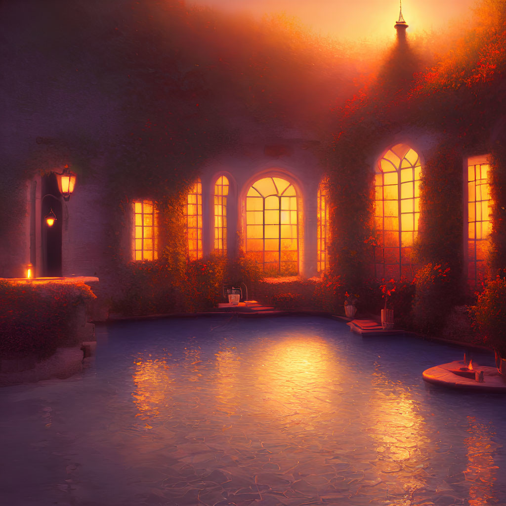 Tranquil courtyard with arched windows, ivy walls, and reflecting pool at dusk