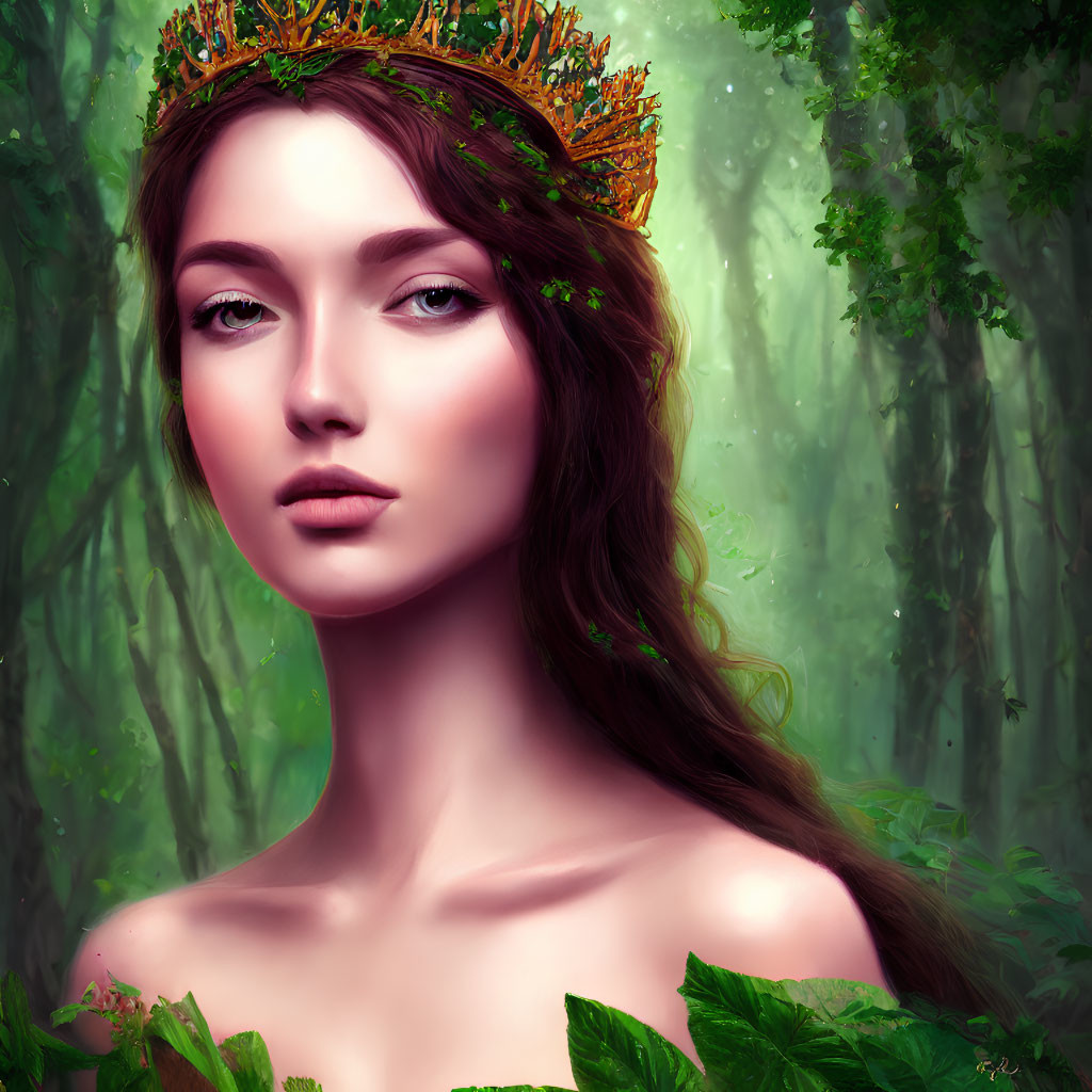 Digital portrait of woman with leafy crown and deep gaze in enchanted forest