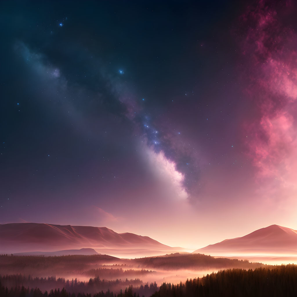 Twilight vista with star-studded sky over misty hills.