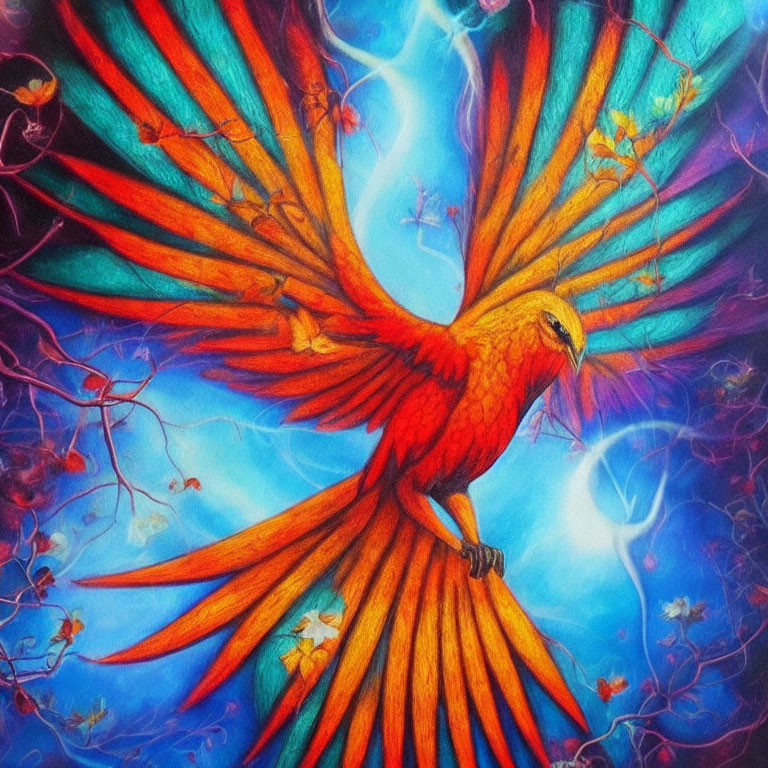 Colorful Phoenix Painting with Red and Orange Plumage on Blue Background